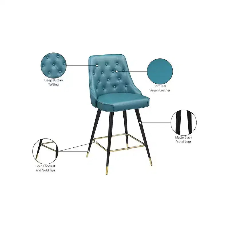 Meridian Furniture,Portnoy Teal Vegan Leather Counter/Bar Stool, Set of 2