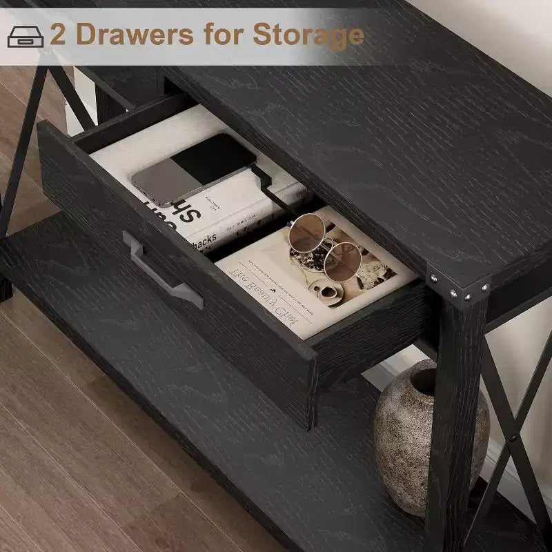 Farmhouse Console Table with 2 Drawers and Storage Shelf, Wood Sofa Table for Entryway, Living Room, Hallway, and Foyer