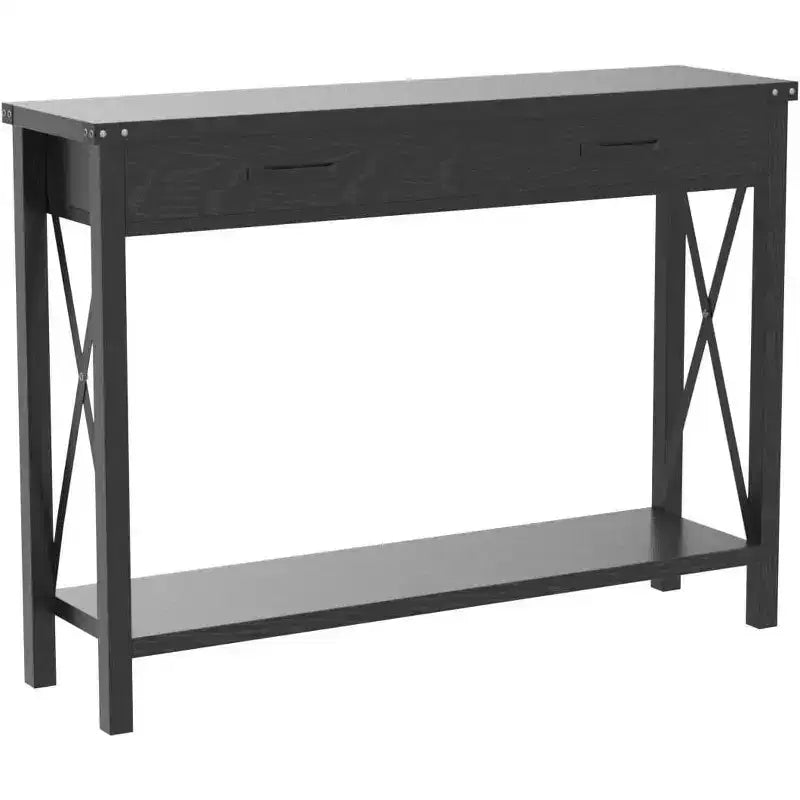 Farmhouse Console Table with 2 Drawers and Storage Shelf, Wood Sofa Table for Entryway, Living Room, Hallway, and Foyer