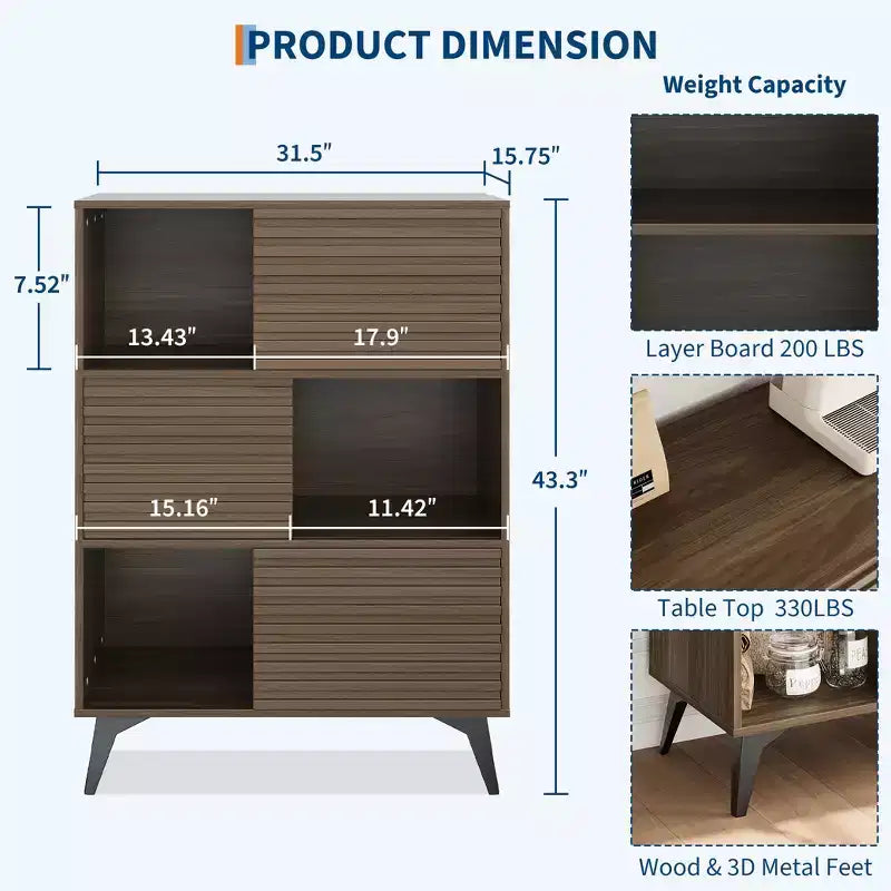 Mid-Century Modern 3-Tier Display Storage Cabinet with Doors Wooden Buffet Accent Cabinet Strong Legs for Living Room Dining Room Kitchen Hallway