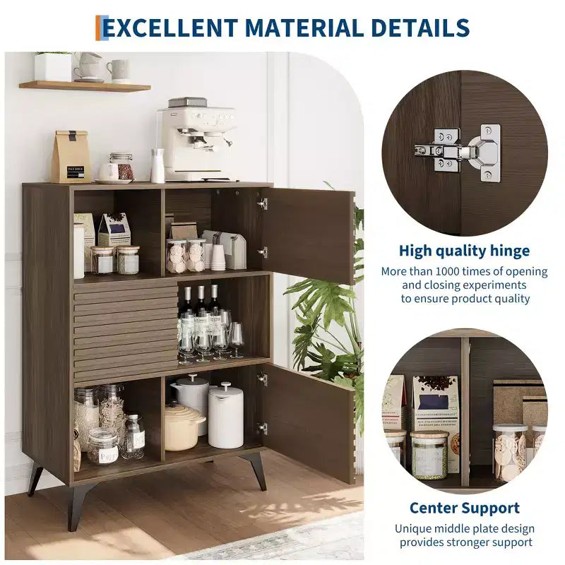 Mid-Century Modern 3-Tier Display Storage Cabinet with Doors Wooden Buffet Accent Cabinet Strong Legs for Living Room Dining Room Kitchen Hallway