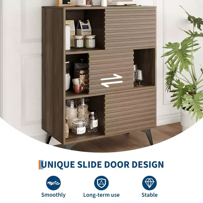 Mid-Century Modern 3-Tier Display Storage Cabinet with Doors Wooden Buffet Accent Cabinet Strong Legs for Living Room Dining Room Kitchen Hallway