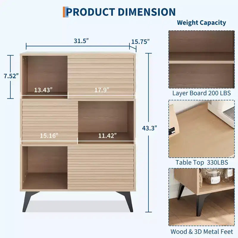 Mid-Century Modern 3-Tier Display Storage Cabinet with Doors Wooden Buffet Accent Cabinet Strong Legs for Living Room Dining Room Kitchen Hallway