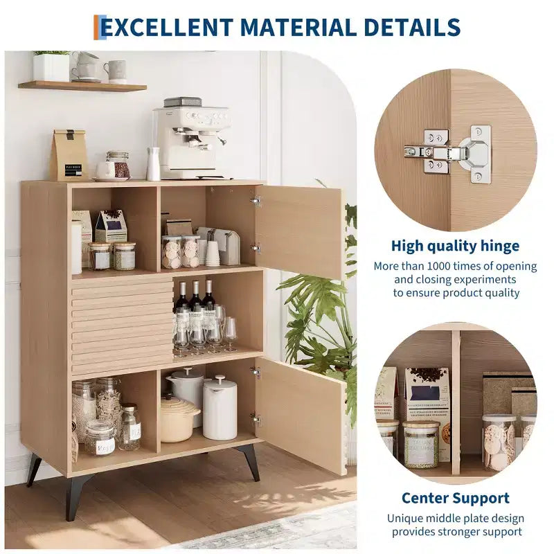 Mid-Century Modern 3-Tier Display Storage Cabinet with Doors Wooden Buffet Accent Cabinet Strong Legs for Living Room Dining Room Kitchen Hallway