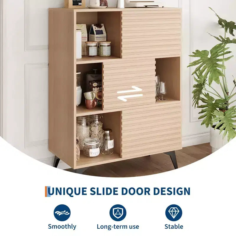 Mid-Century Modern 3-Tier Display Storage Cabinet with Doors Wooden Buffet Accent Cabinet Strong Legs for Living Room Dining Room Kitchen Hallway