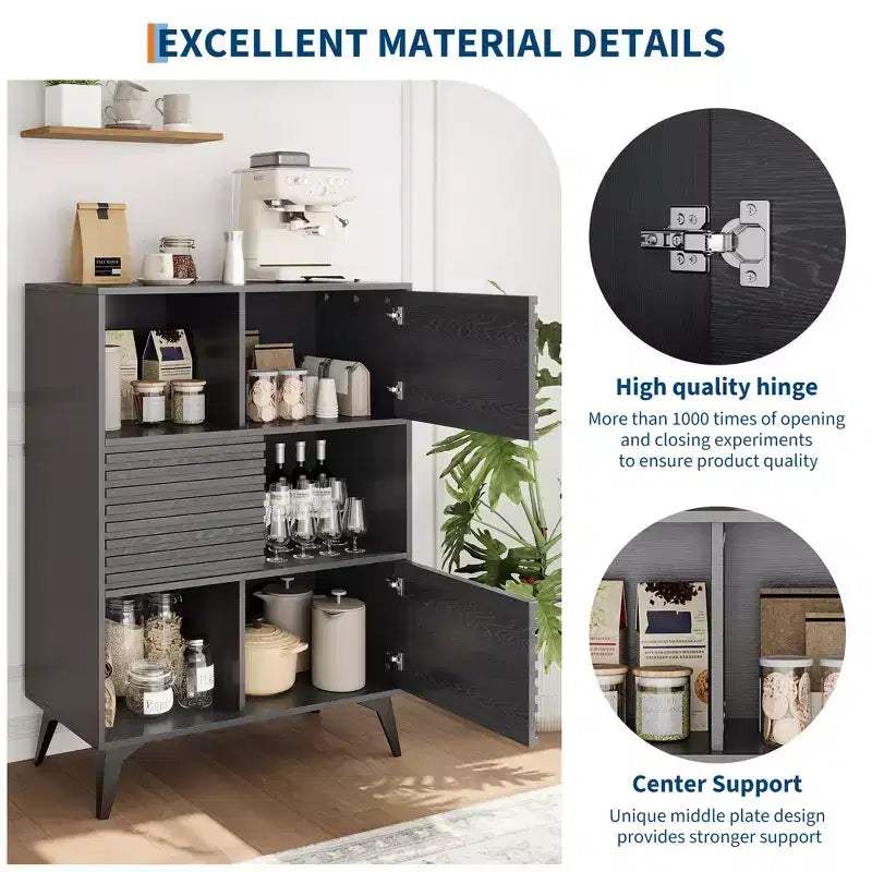 Mid-Century Modern 3-Tier Display Storage Cabinet with Doors Wooden Buffet Accent Cabinet Strong Legs for Living Room Dining Room Kitchen Hallway