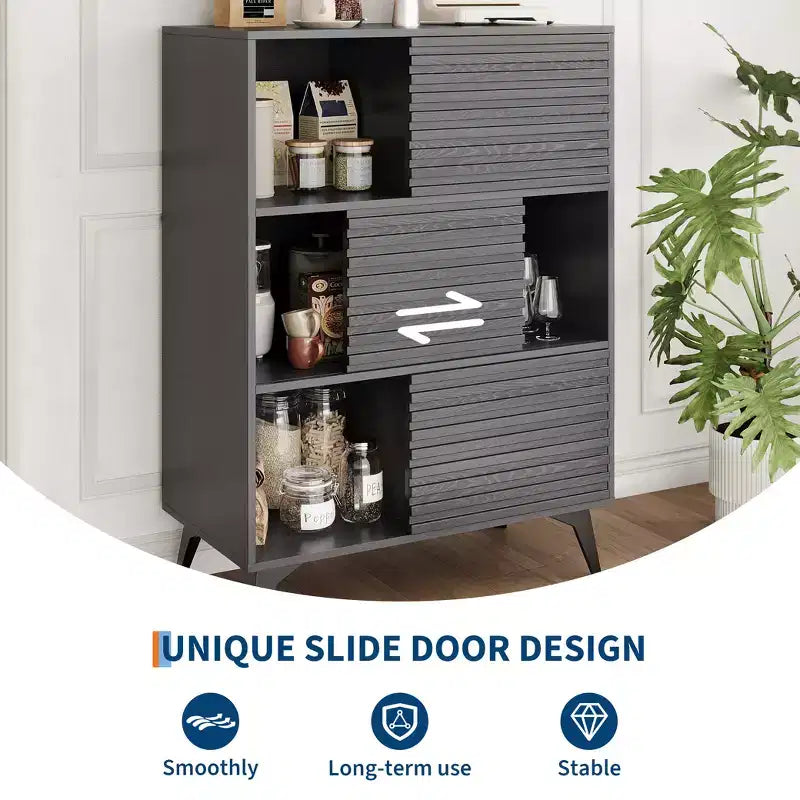 Mid-Century Modern 3-Tier Display Storage Cabinet with Doors Wooden Buffet Accent Cabinet Strong Legs for Living Room Dining Room Kitchen Hallway