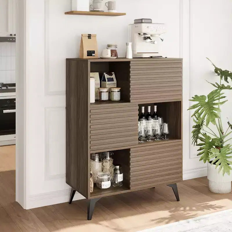 Mid-Century Modern 3-Tier Display Storage Cabinet with Doors Wooden Buffet Accent Cabinet Strong Legs for Living Room Dining Room Kitchen Hallway