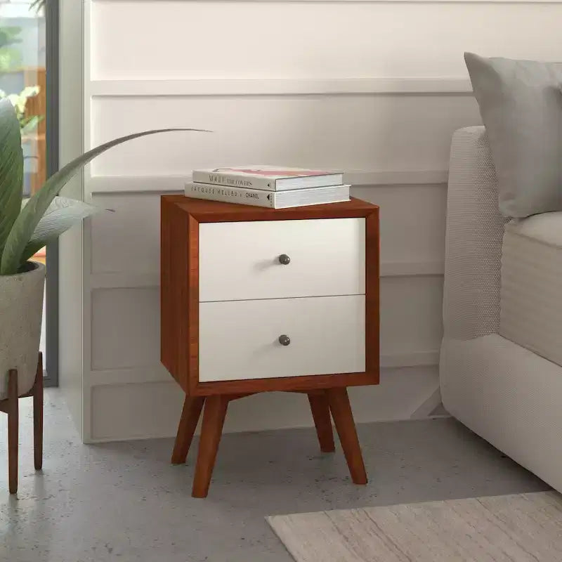 Alpine Furniture,Flynn 2 Drawer Two Tone Nightstand, Acorn/White