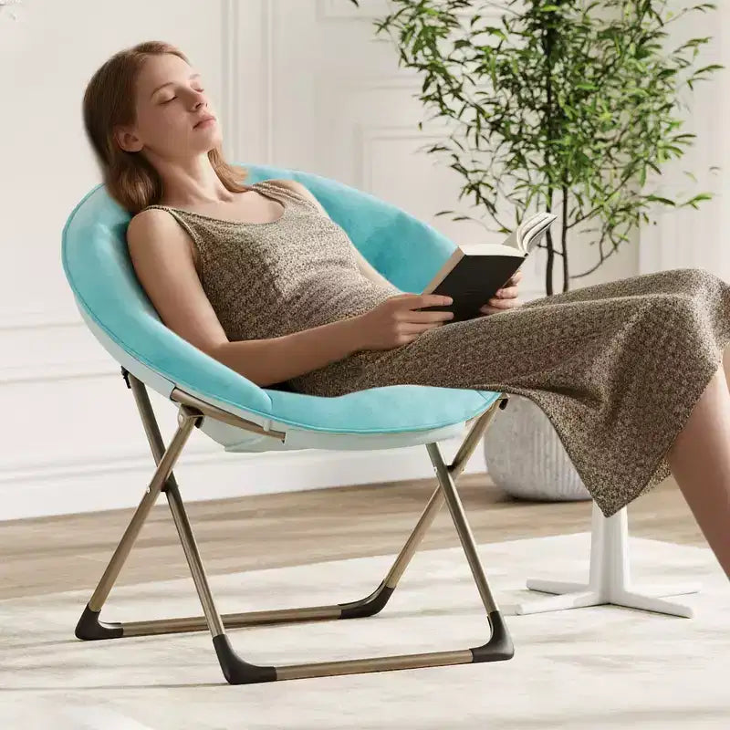 Saucer Chair, Comfy Chair Faux Fur Lounge Moon Chair with Folding Metal Frame, Flower Accent Seat