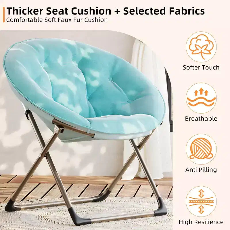 Saucer Chair, Comfy Chair Faux Fur Lounge Moon Chair with Folding Metal Frame, Flower Accent Seat