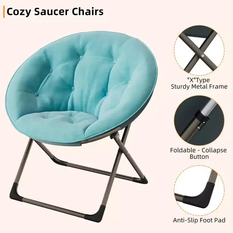 Saucer Chair, Comfy Chair Faux Fur Lounge Moon Chair with Folding Metal Frame, Flower Accent Seat