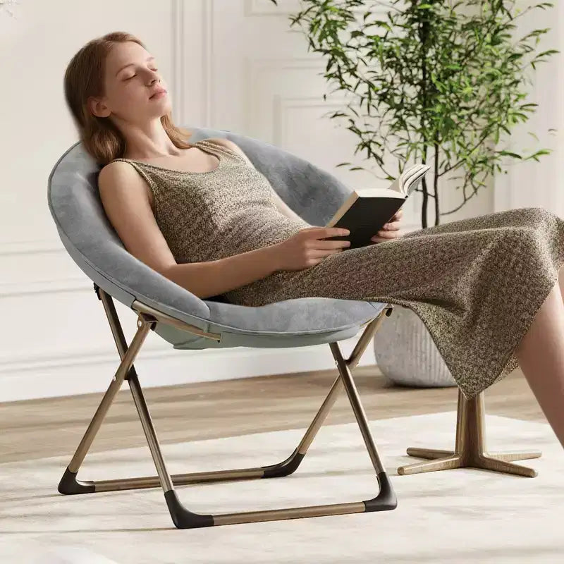 Saucer Chair, Comfy Chair Faux Fur Lounge Moon Chair with Folding Metal Frame, Flower Accent Seat