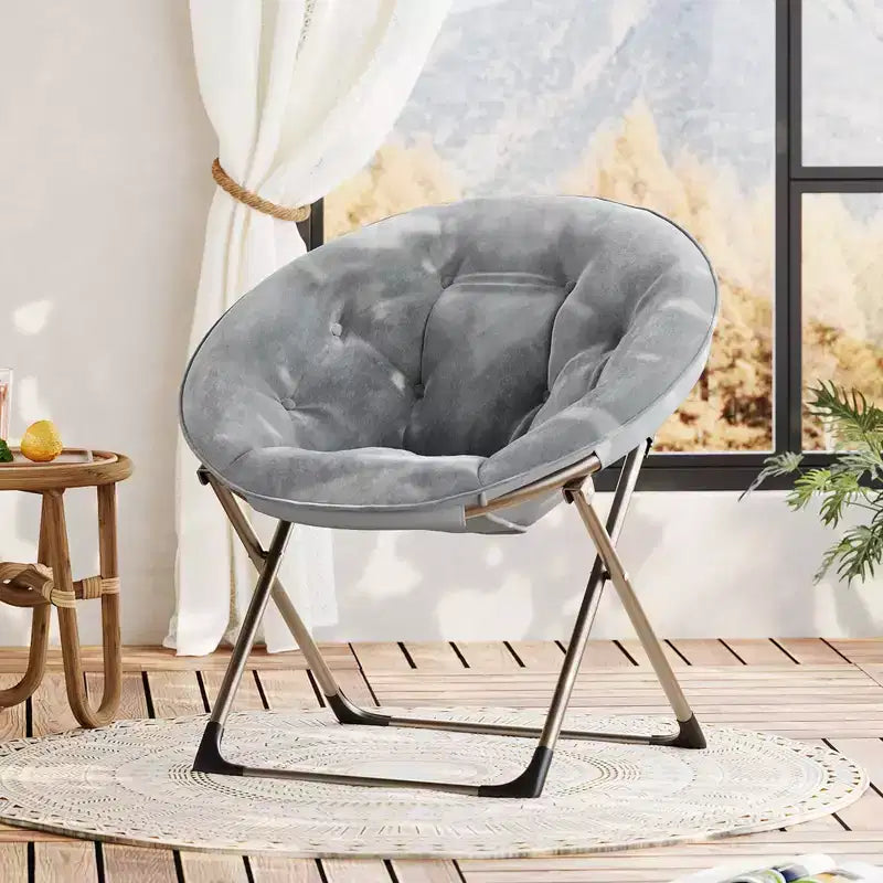 Saucer Chair, Comfy Chair Faux Fur Lounge Moon Chair with Folding Metal Frame, Flower Accent Seat