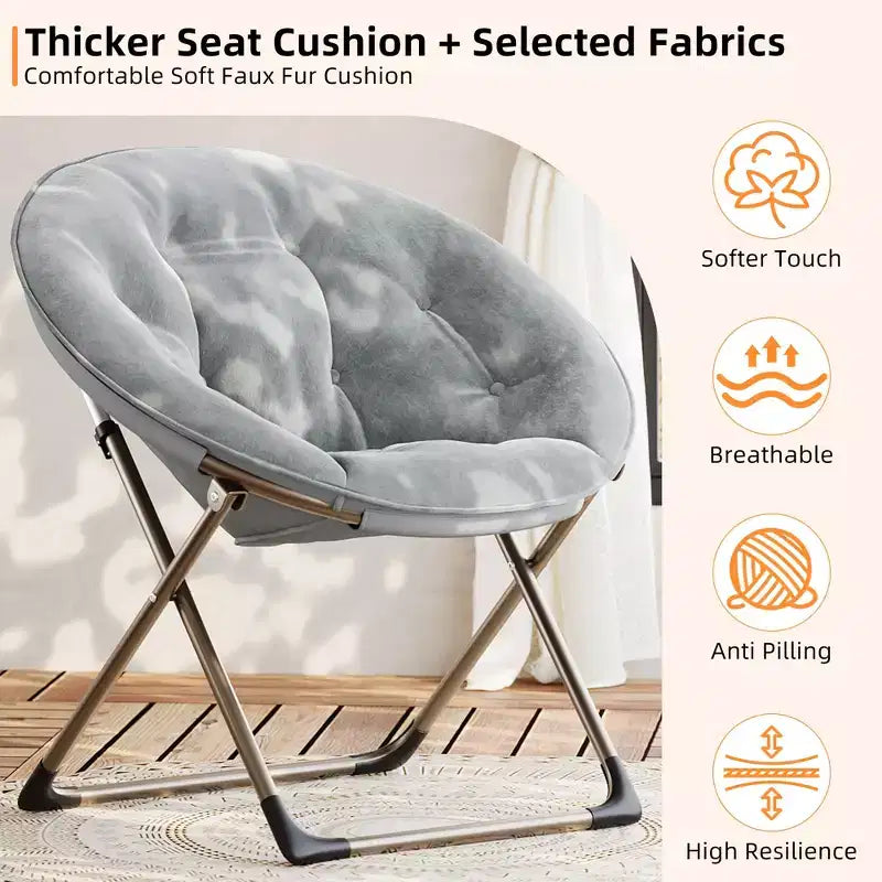 Saucer Chair, Comfy Chair Faux Fur Lounge Moon Chair with Folding Metal Frame, Flower Accent Seat