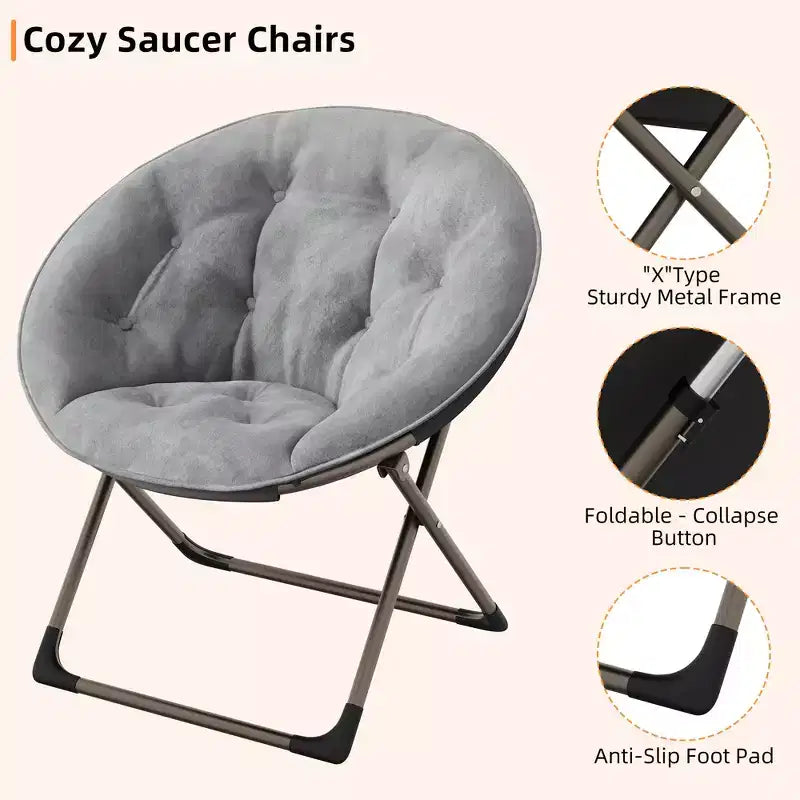 Saucer Chair, Comfy Chair Faux Fur Lounge Moon Chair with Folding Metal Frame, Flower Accent Seat