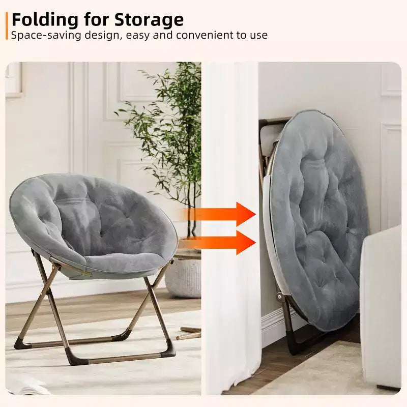 Saucer Chair, Comfy Chair Faux Fur Lounge Moon Chair with Folding Metal Frame, Flower Accent Seat