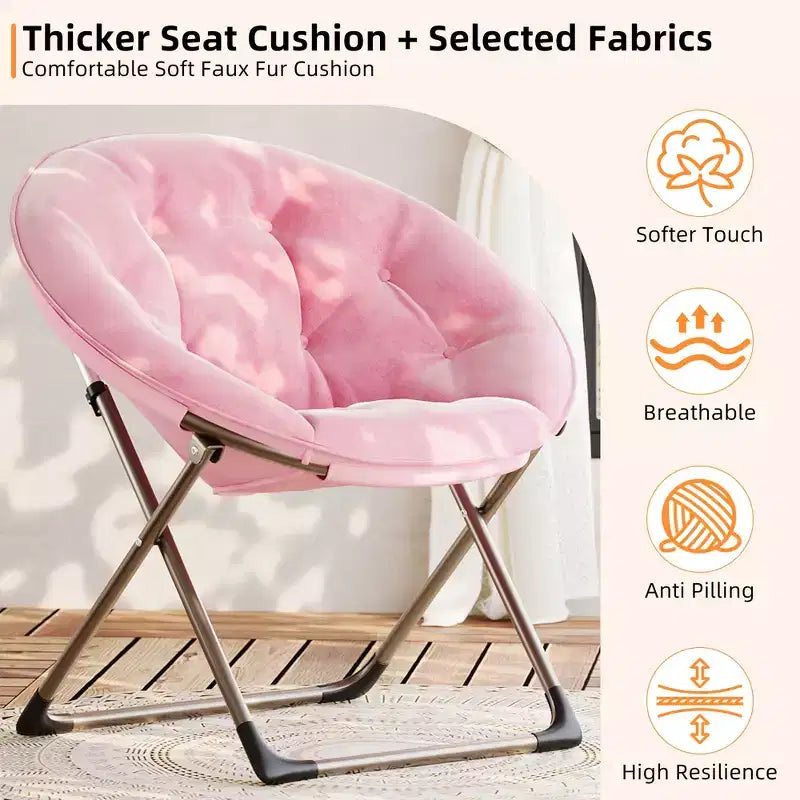 Saucer Chair, Comfy Chair Faux Fur Lounge Moon Chair with Folding Metal Frame, Flower Accent Seat