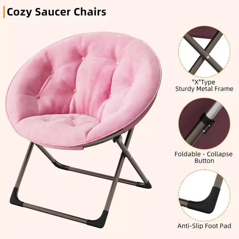 Saucer Chair, Comfy Chair Faux Fur Lounge Moon Chair with Folding Metal Frame, Flower Accent Seat