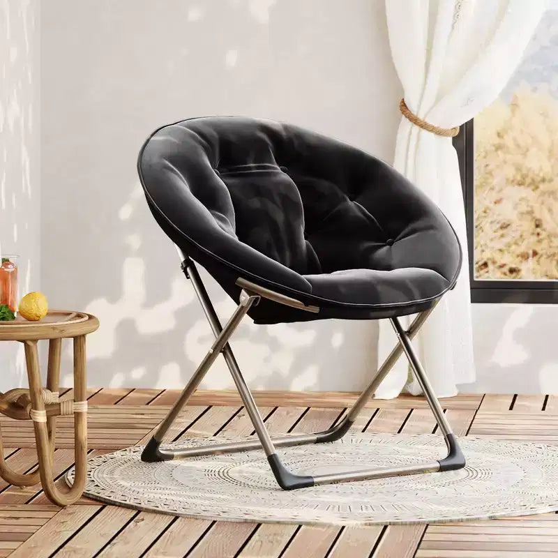 Saucer Chair, Comfy Chair Faux Fur Lounge Moon Chair with Folding Metal Frame, Flower Accent Seat