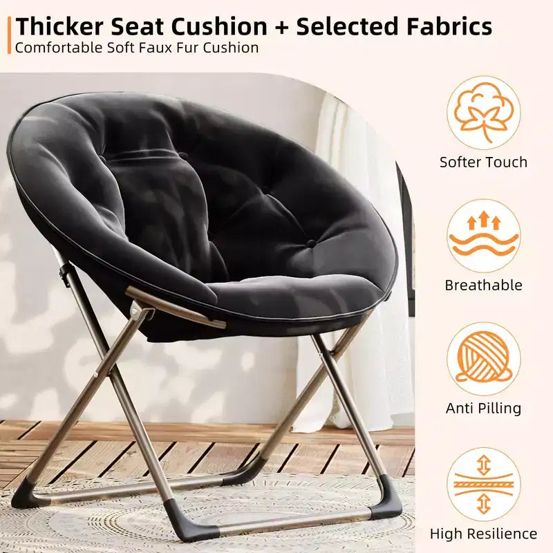 Saucer Chair, Comfy Chair Faux Fur Lounge Moon Chair with Folding Metal Frame, Flower Accent Seat
