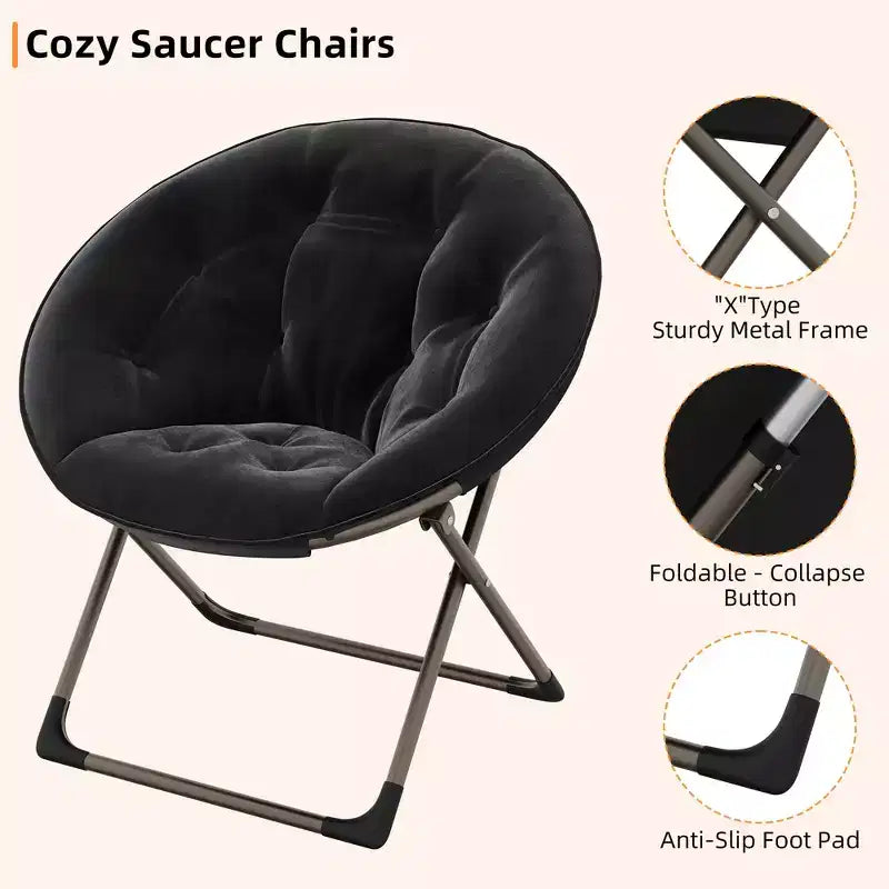 Saucer Chair, Comfy Chair Faux Fur Lounge Moon Chair with Folding Metal Frame, Flower Accent Seat