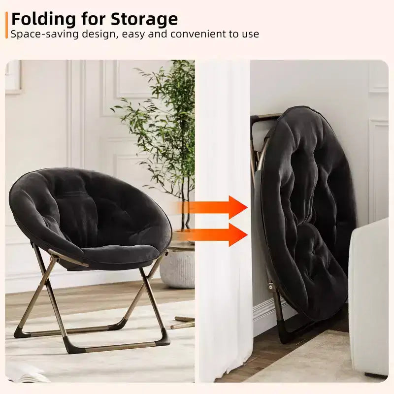 Saucer Chair, Comfy Chair Faux Fur Lounge Moon Chair with Folding Metal Frame, Flower Accent Seat