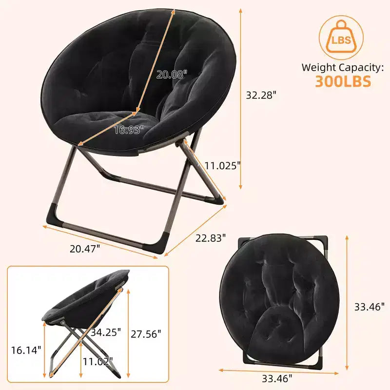 Saucer Chair, Comfy Chair Faux Fur Lounge Moon Chair with Folding Metal Frame, Flower Accent Seat