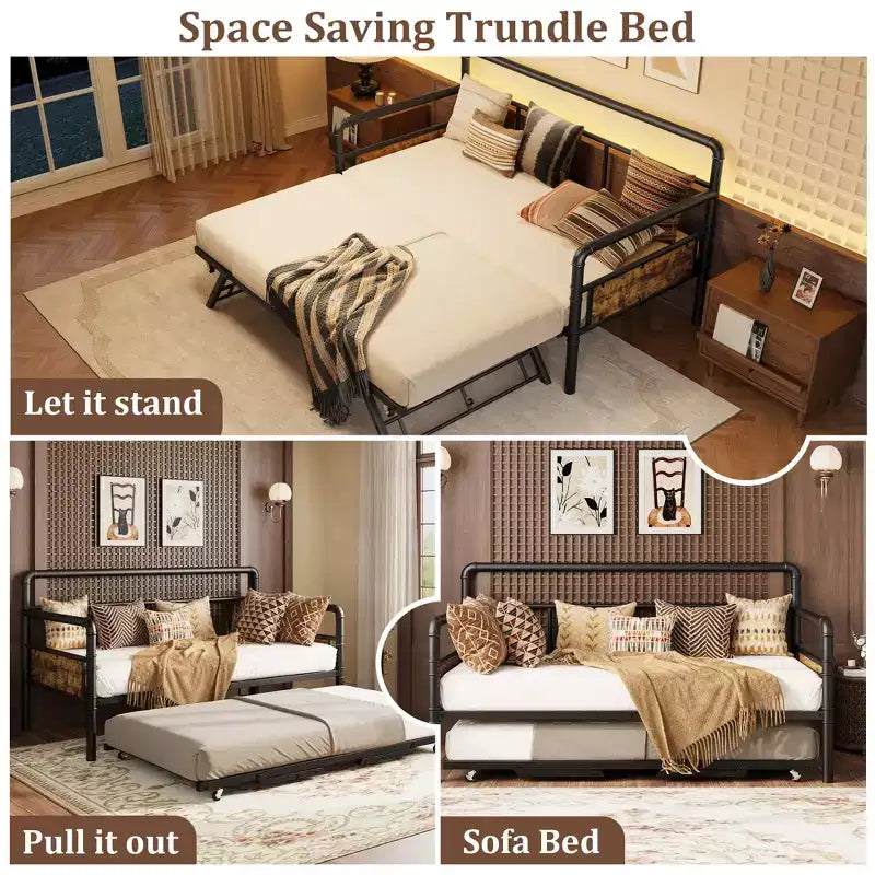 Cadre de lit de repos en métal, taille double, cadre de lit double en métal robuste, lit de repos pour salon, chambre, chambre d'amis