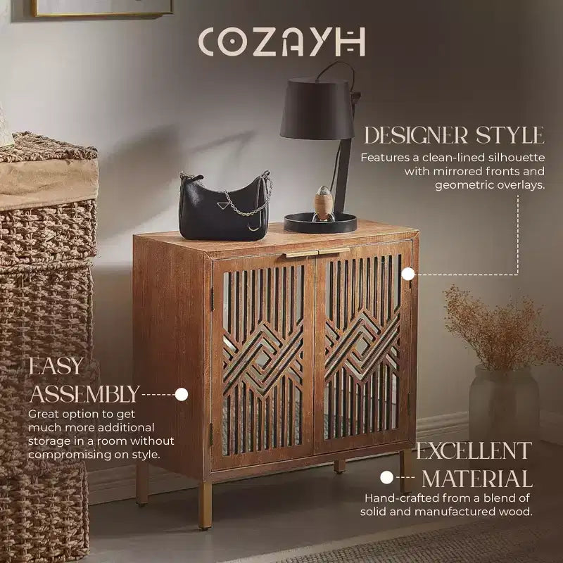 COZAYH Modern 2 Door Accent Cabinet with Mirror Front, Storage for Entryway or Living Room, Wood Finish with Metal Legs