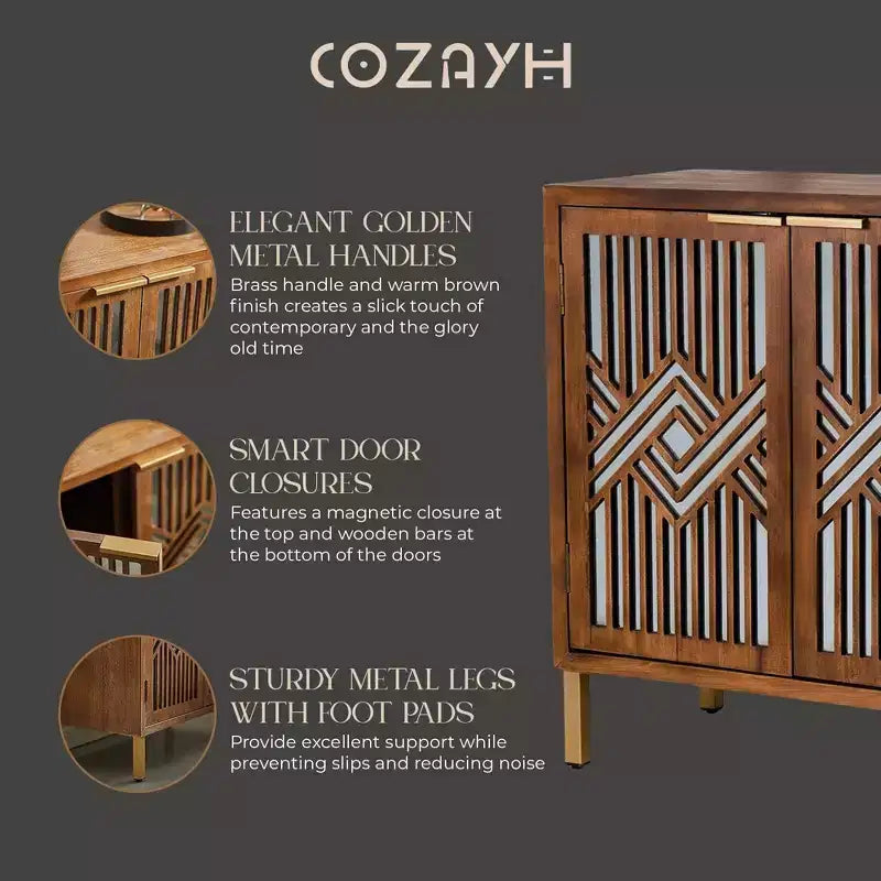 COZAYH Modern 2 Door Accent Cabinet with Mirror Front, Storage for Entryway or Living Room, Wood Finish with Metal Legs
