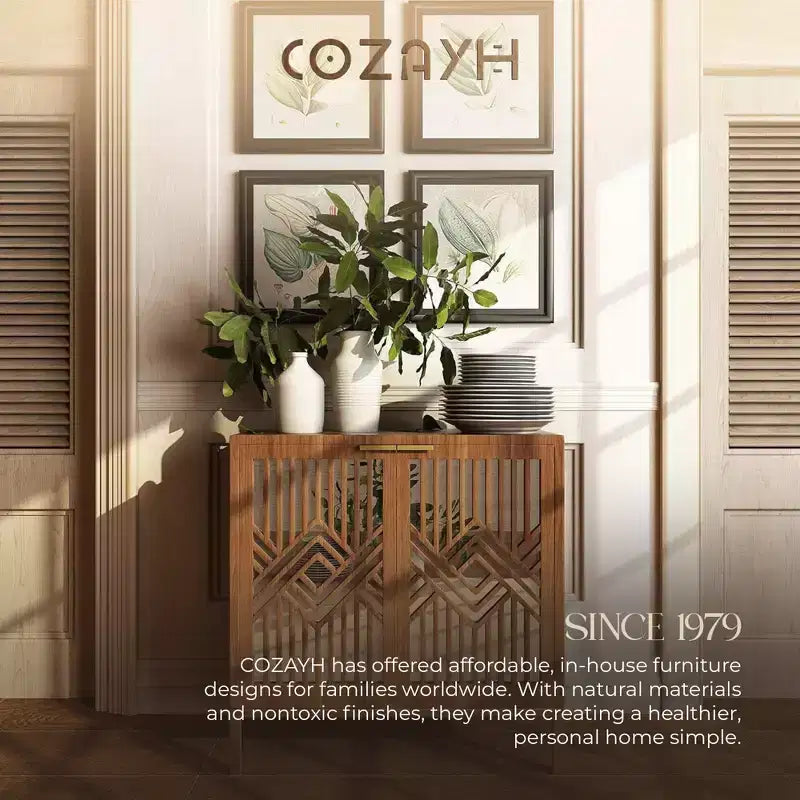 COZAYH Modern 2 Door Accent Cabinet with Mirror Front, Storage for Entryway or Living Room, Wood Finish with Metal Legs