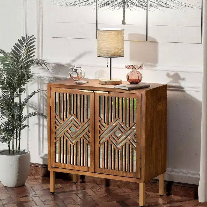 COZAYH Modern 2 Door Accent Cabinet with Mirror Front, Storage for Entryway or Living Room, Wood Finish with Metal Legs