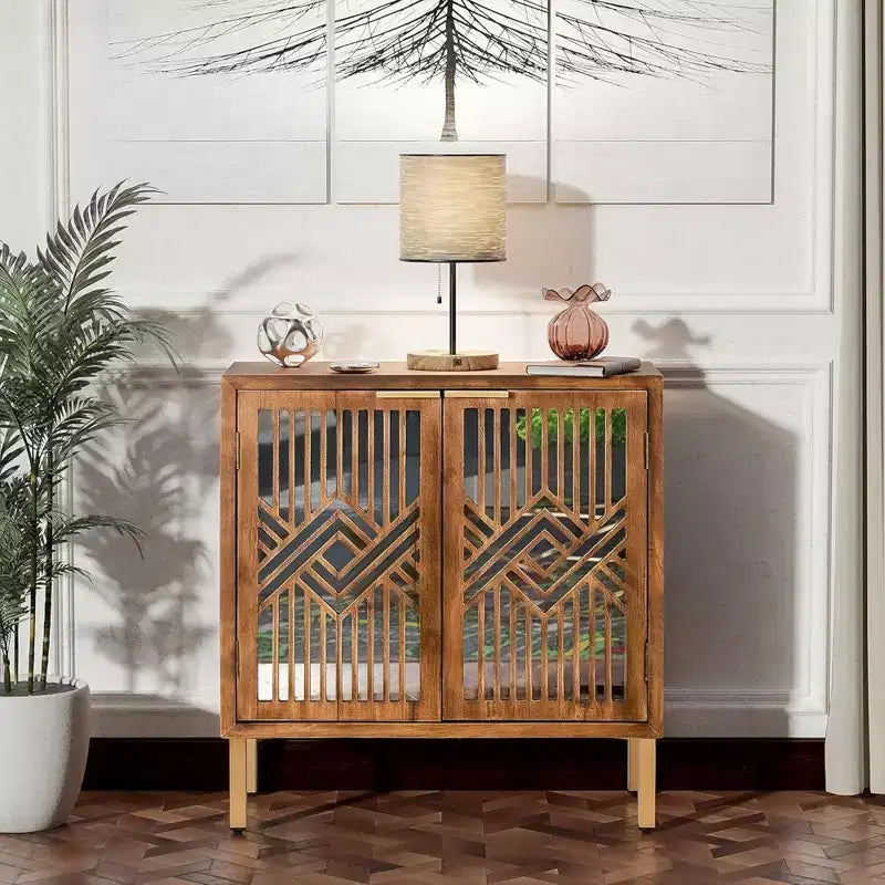 COZAYH Modern 2 Door Accent Cabinet with Mirror Front, Storage for Entryway or Living Room, Wood Finish with Metal Legs