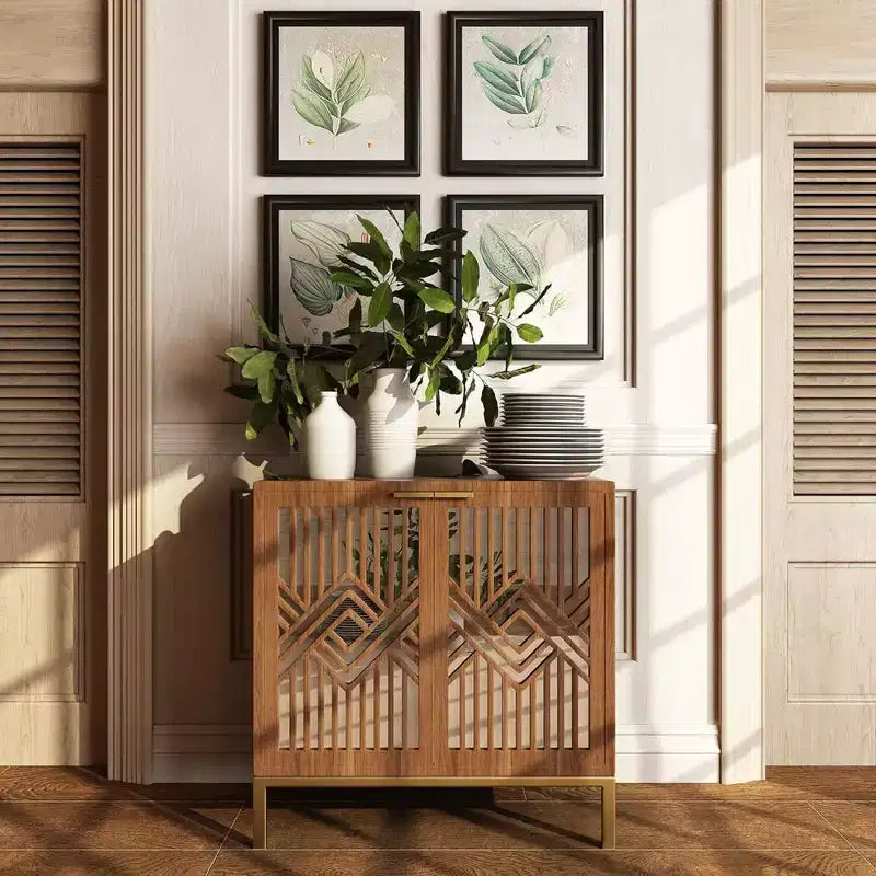 COZAYH Modern 2 Door Accent Cabinet with Mirror Front, Storage for Entryway or Living Room, Wood Finish with Metal Legs