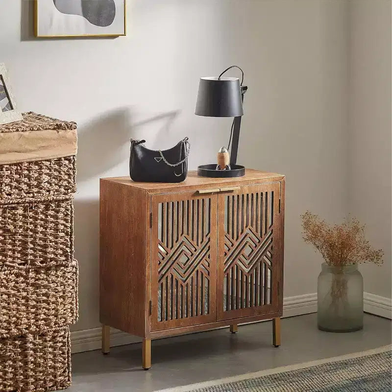 COZAYH Modern 2 Door Accent Cabinet with Mirror Front, Storage for Entryway or Living Room, Wood Finish with Metal Legs