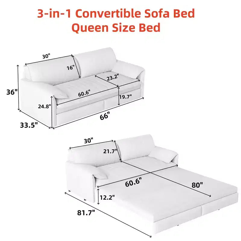 Canapé-lit Whison 3-en-1 en velours Queen Size avec méridienne et poches latérales de rangement, 2 places