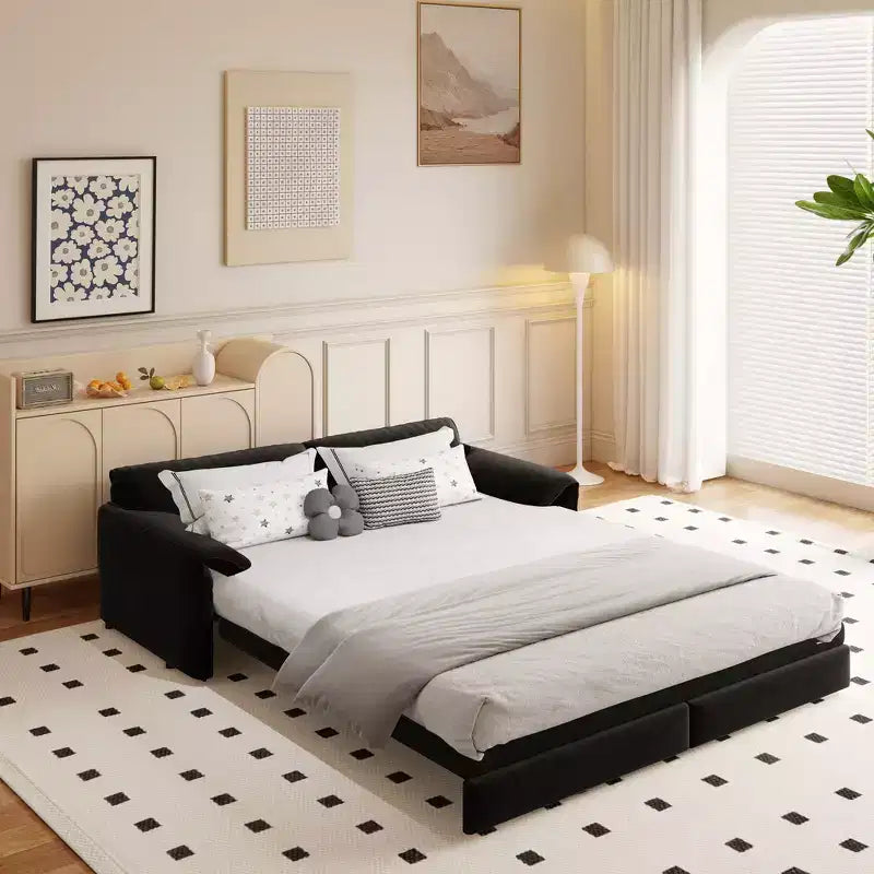 Canapé-lit Whison 3-en-1 en velours Queen Size avec méridienne et poches latérales de rangement, 2 places