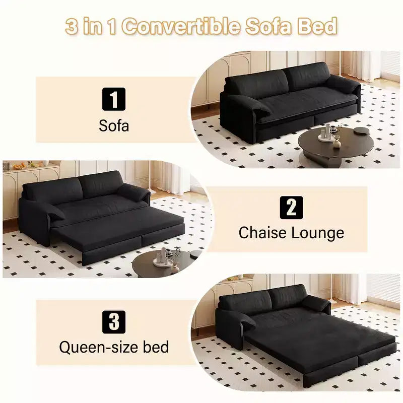 Canapé-lit Whison 3-en-1 en velours Queen Size avec méridienne et poches latérales de rangement, 2 places