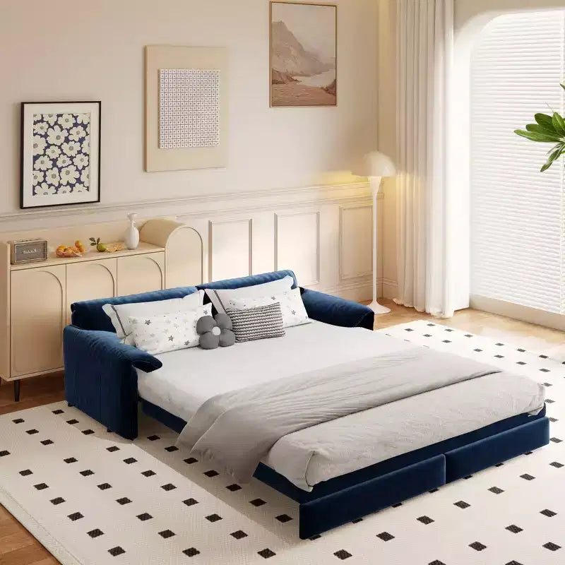 Canapé-lit Whison 3-en-1 en velours Queen Size avec méridienne et poches latérales de rangement, 2 places