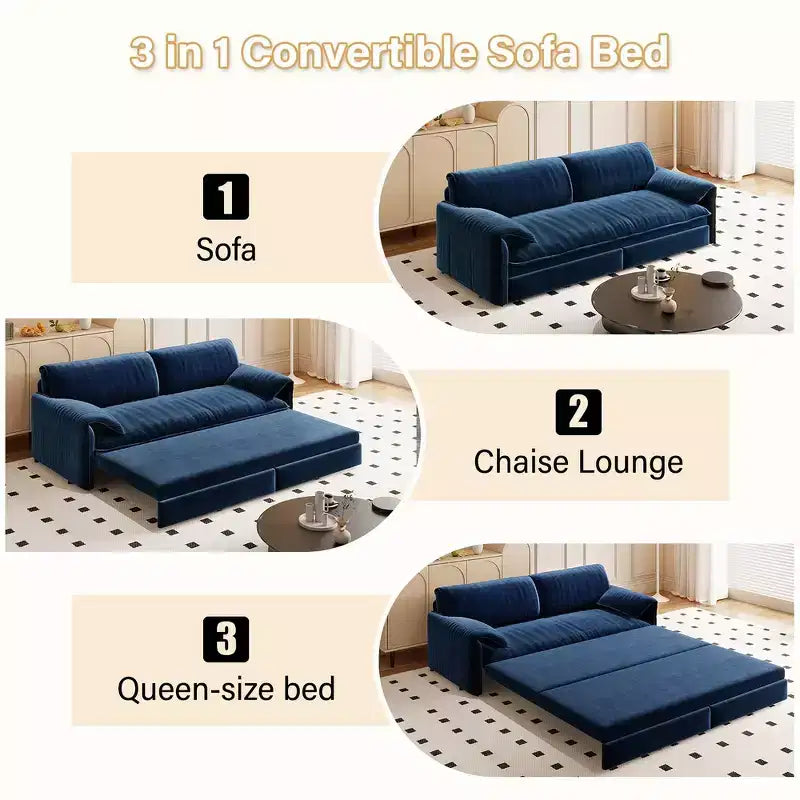 Canapé-lit Whison 3-en-1 en velours Queen Size avec méridienne et poches latérales de rangement, 2 places