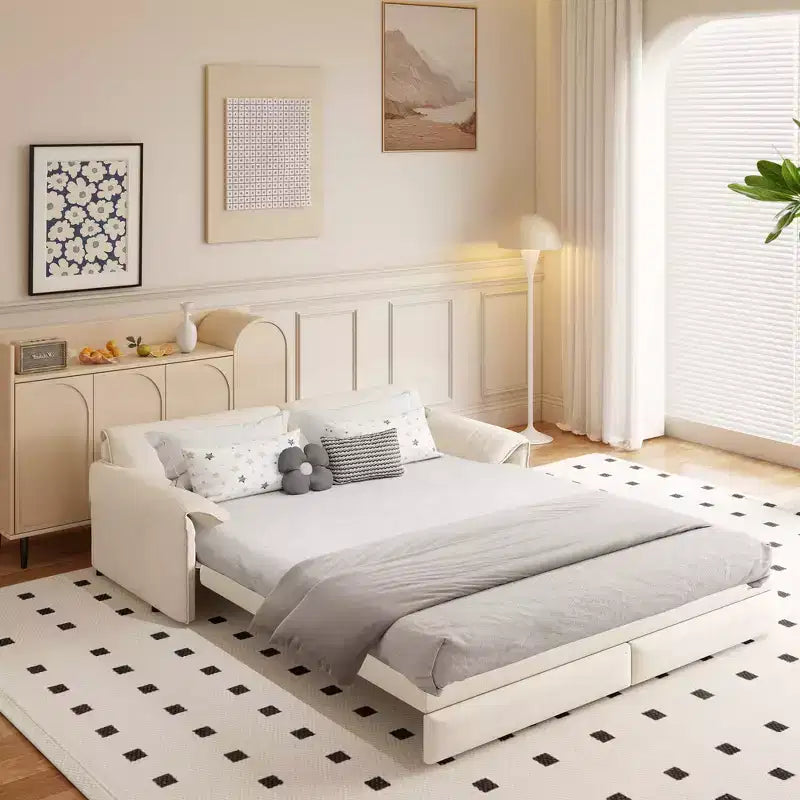 Canapé-lit Whison 3-en-1 en velours Queen Size avec méridienne et poches latérales de rangement, 2 places