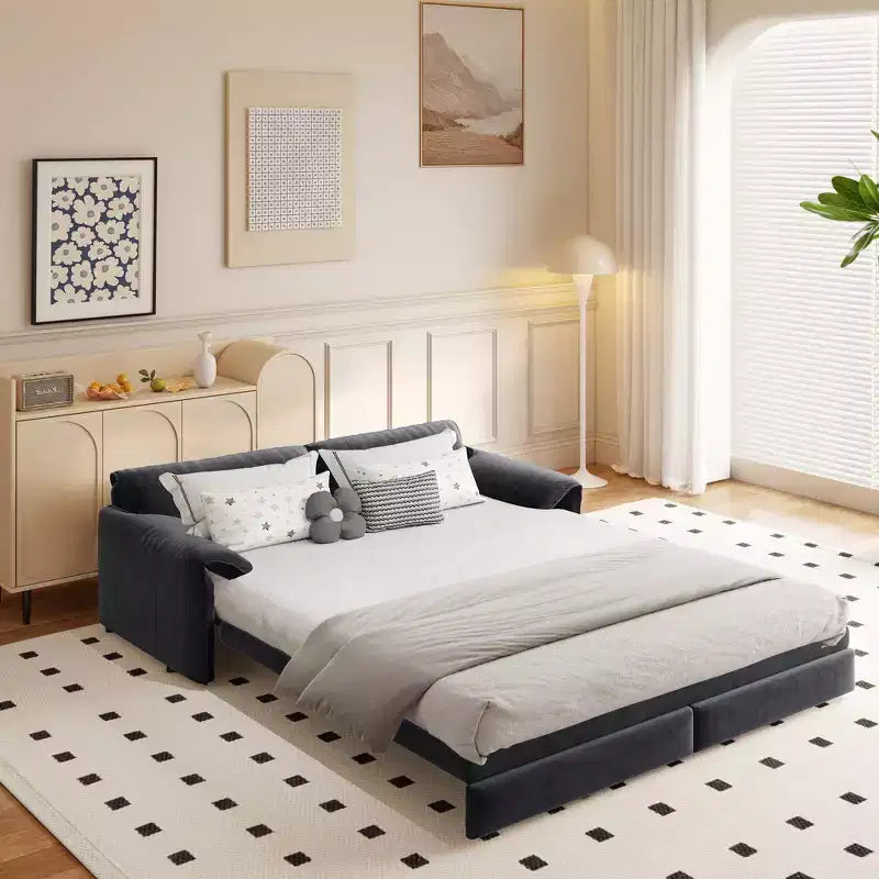 Canapé-lit Whison 3-en-1 en velours Queen Size avec méridienne et poches latérales de rangement, 2 places