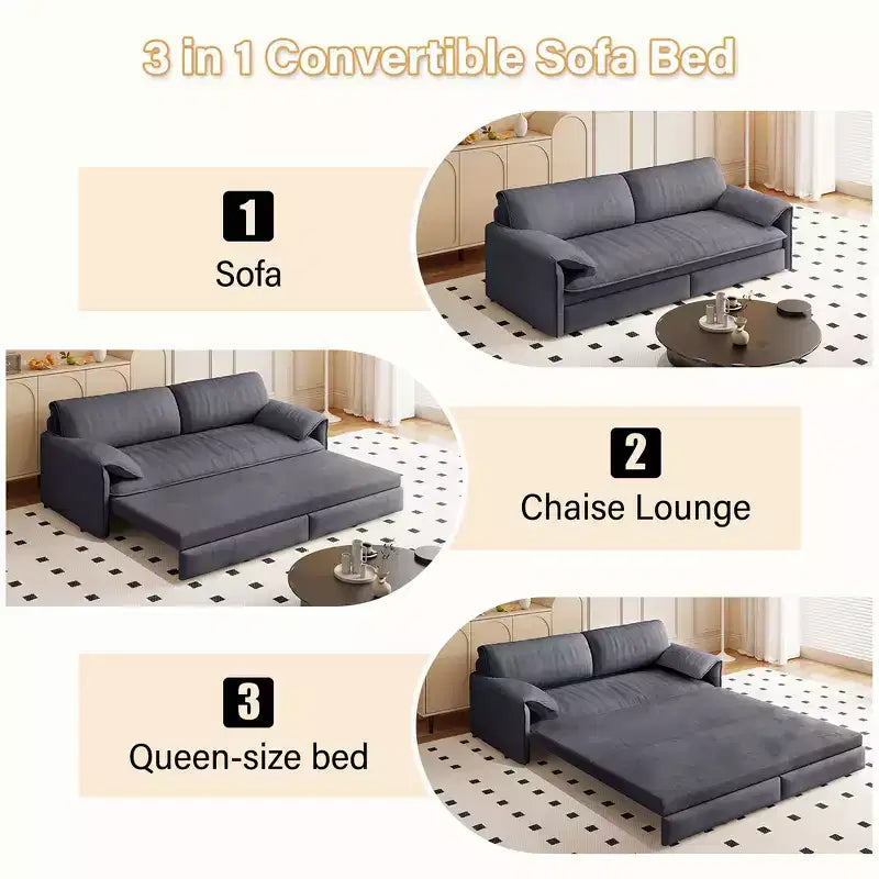 Canapé-lit Whison 3-en-1 en velours Queen Size avec méridienne et poches latérales de rangement, 2 places