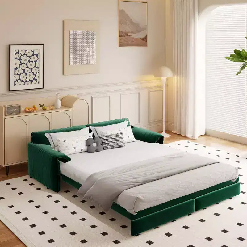 Canapé-lit Whison 3-en-1 en velours Queen Size avec méridienne et poches latérales de rangement, 2 places