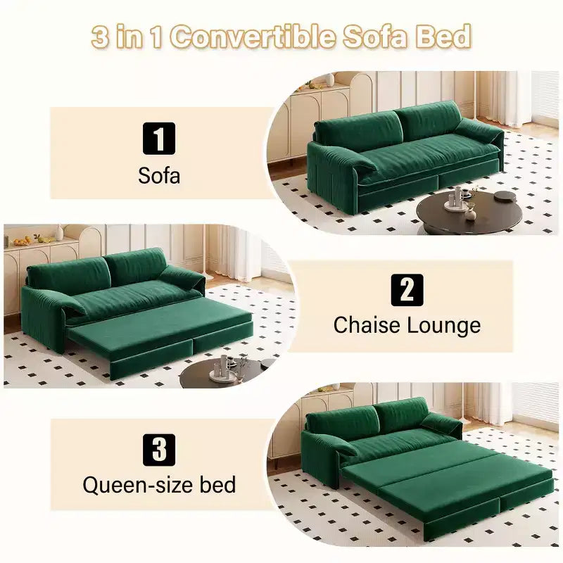 Canapé-lit Whison 3-en-1 en velours Queen Size avec méridienne et poches latérales de rangement, 2 places