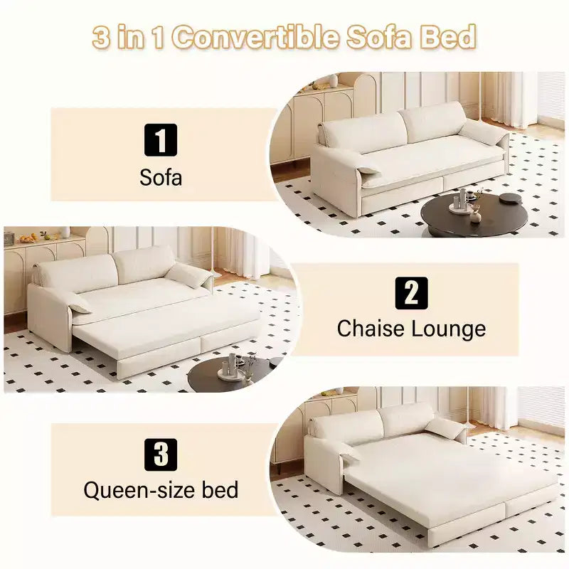 Canapé-lit Whison 3-en-1 en velours Queen Size avec méridienne et poches latérales de rangement, 2 places