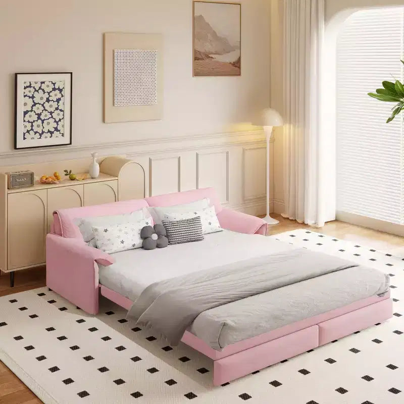 Canapé-lit Whison 3-en-1 en velours Queen Size avec méridienne et poches latérales de rangement, 2 places