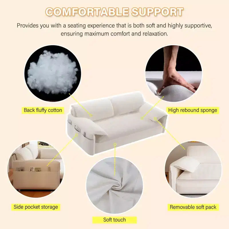 Canapé-lit Whison 3-en-1 en velours Queen Size avec méridienne et poches latérales de rangement, 2 places
