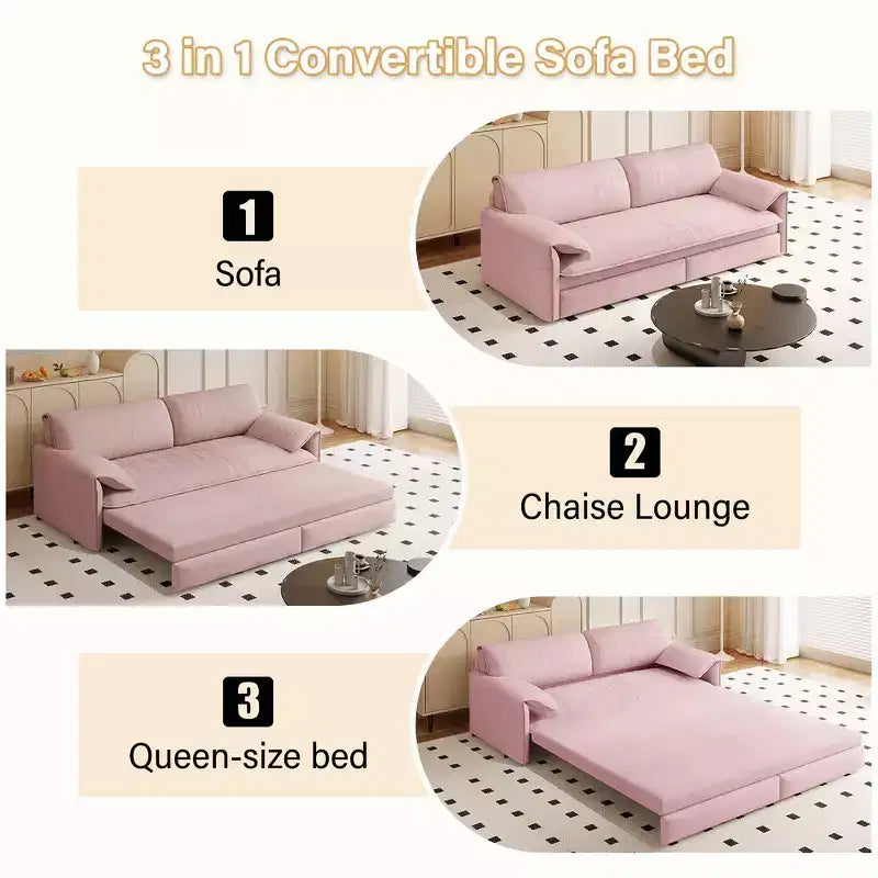 Canapé-lit Whison 3-en-1 en velours Queen Size avec méridienne et poches latérales de rangement, 2 places